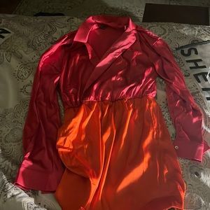 SHEIN BAE colorblock drop shoulder lapel neck dress pink and orange size L